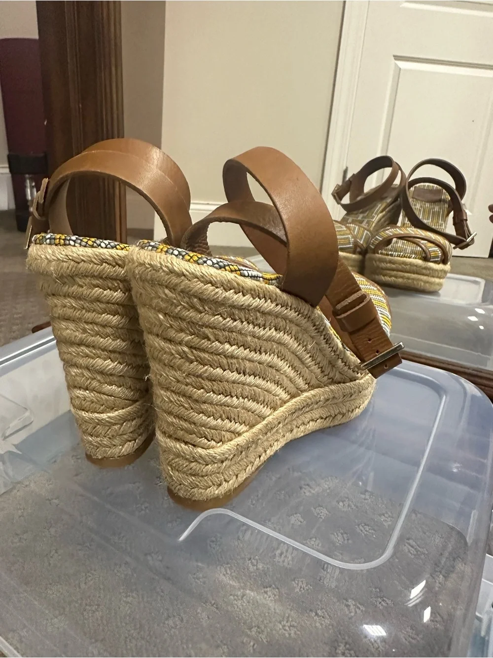 Tory Burch Brown Leather and Yellow Beaded Wedge Sandals